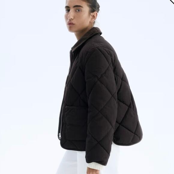 H&M Women Small Quilted Jacket Dark Brown Corduroy Collar Boxy Fit - Picture 4 of 11